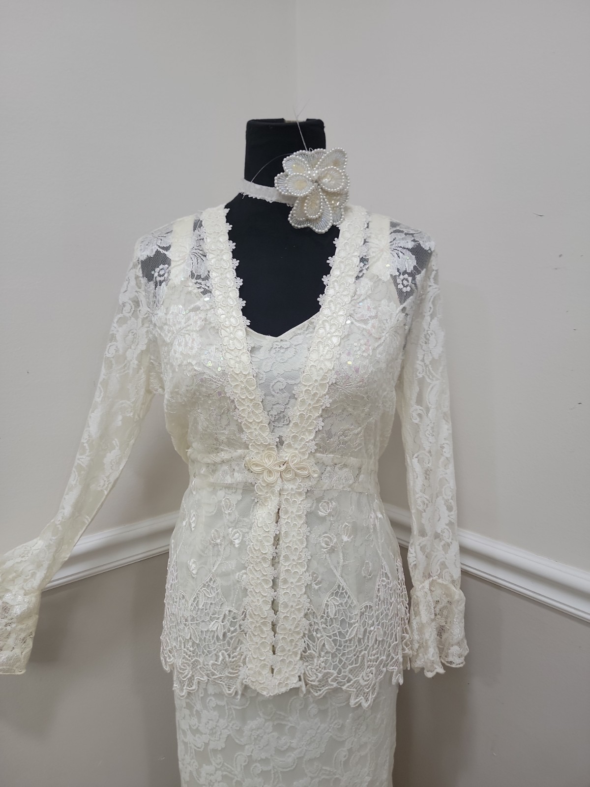 VTG Y2K Spencer Alexis Wedding White Lace Maxi Dress Jacket 2pc Set 12P Petite