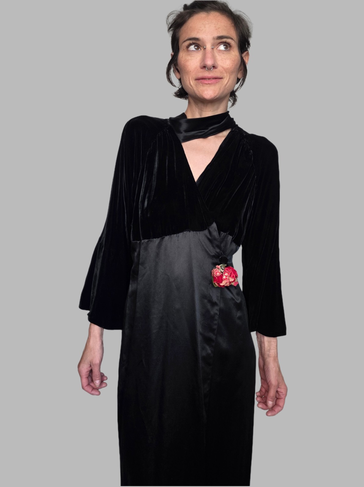 Authentic 1920s Black Silk Velvet Wrap Dress | Antique Evening Gown with…