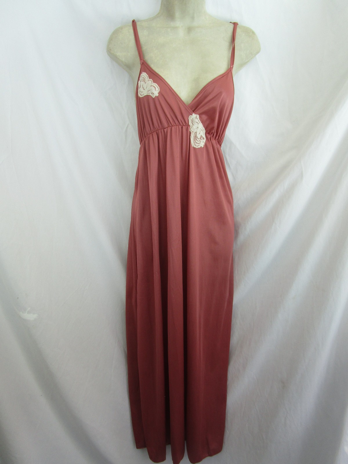 Vintage Copper Rose Double Loop Spaghetti Straps All Nylon Long Nightgown L