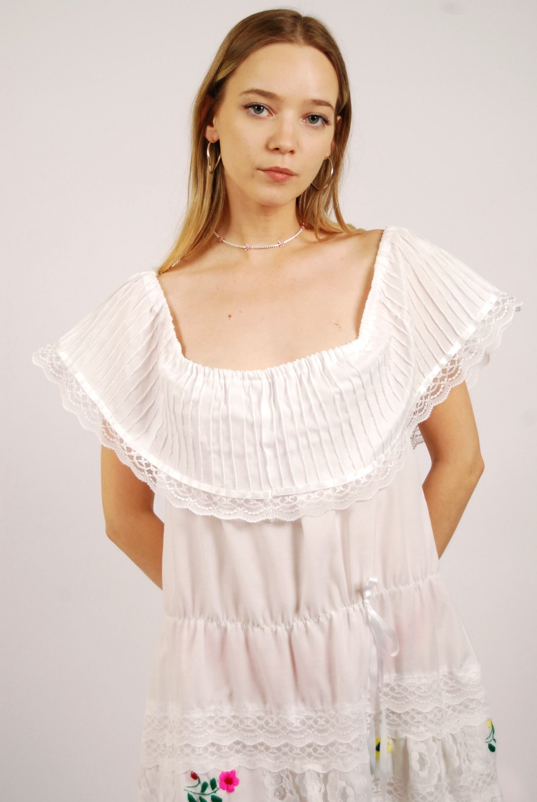 70s Peasant Dress (XL) white vintage midi off the shoulder cottage Mexican boho