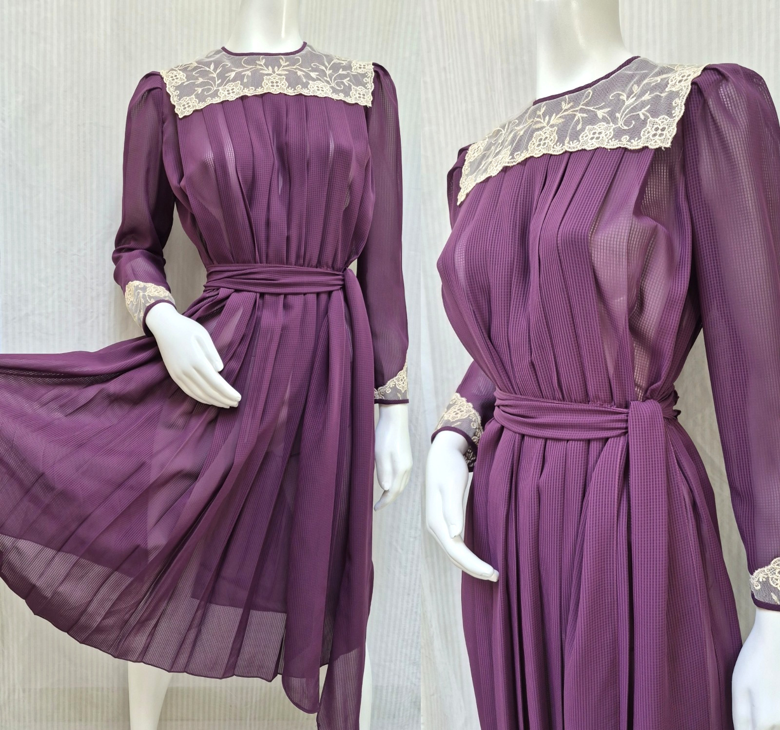 Vintage St. Gillian by Kay Unger Purple Semi Sheer DRESS w/ Tie Belt – Size M