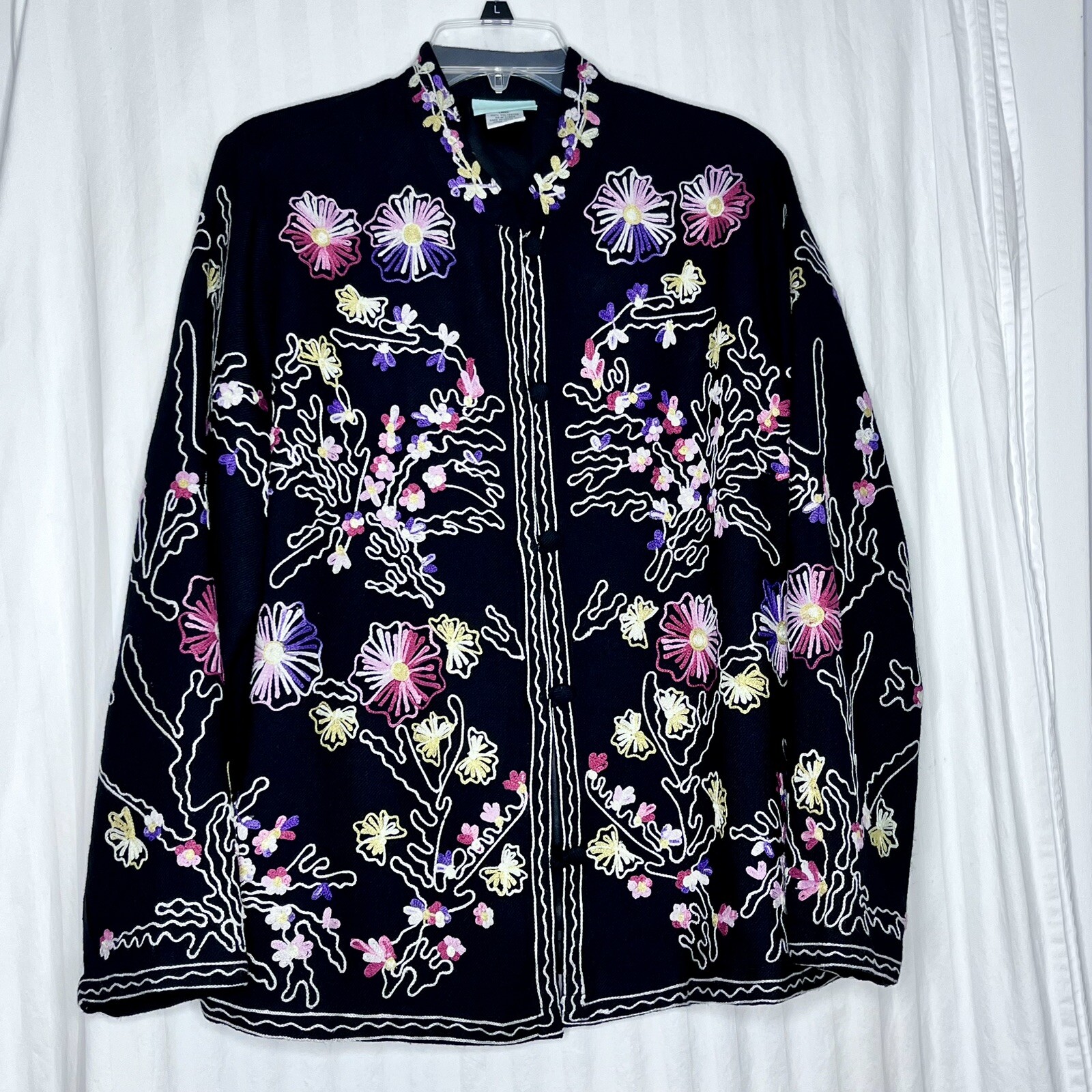 Vintage Floral Embroidered Jacket Top Wool Blend Womens Large Kimono Style