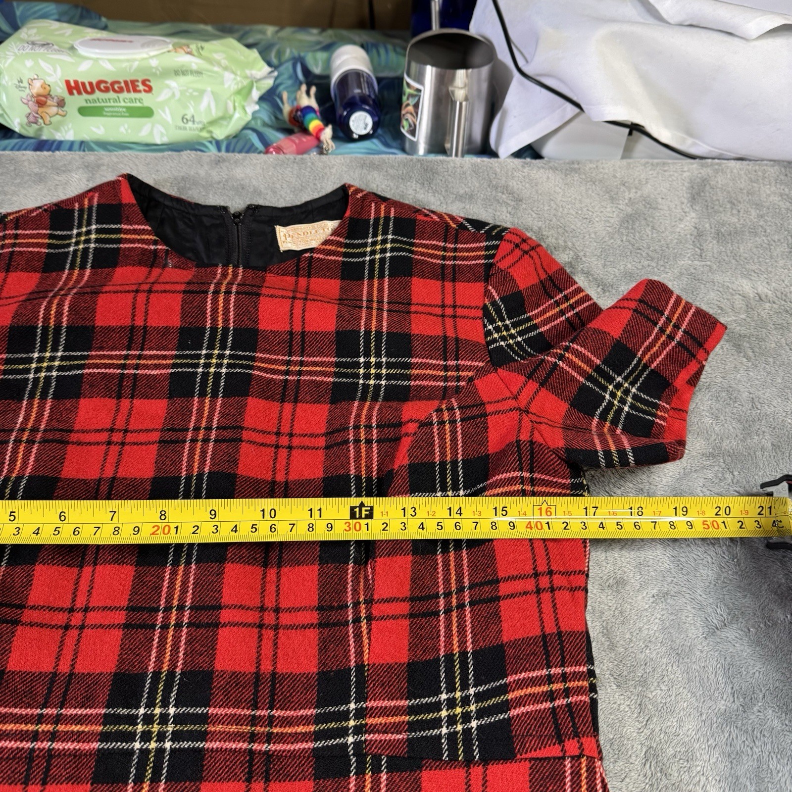 Vintage 60s Pendleton Virgin Wool Plaid Shift Dress Red Black Size 12 Retro Mod