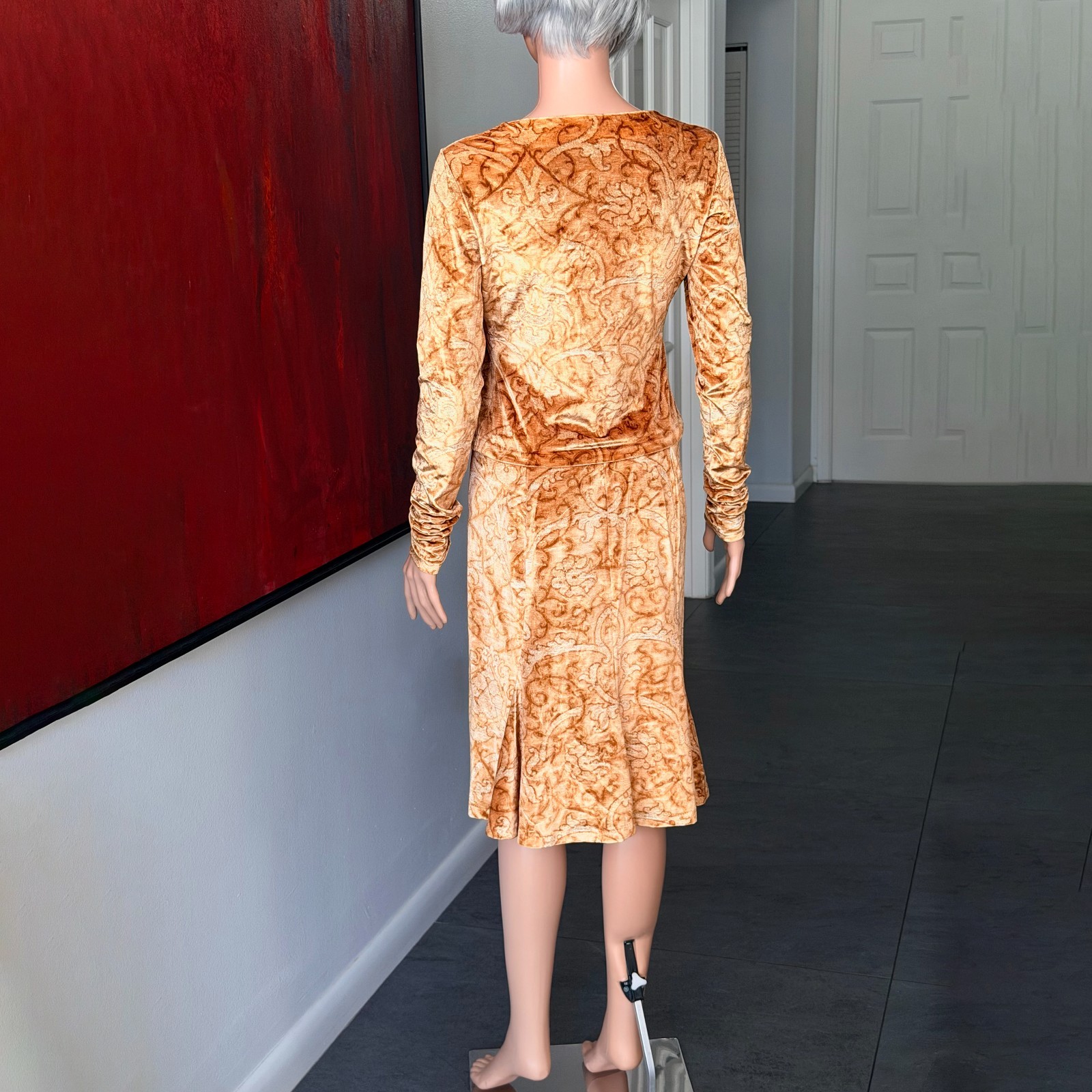 ROBERTO CAVALLI stretch velvet set top & skirt Baroque print from 1990s