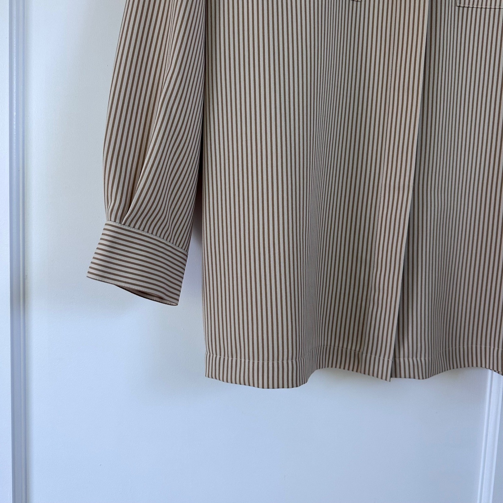 Vintage Chaus Striped Utility Blouse Womens 16 Taupe Cream Button Up Minimalist