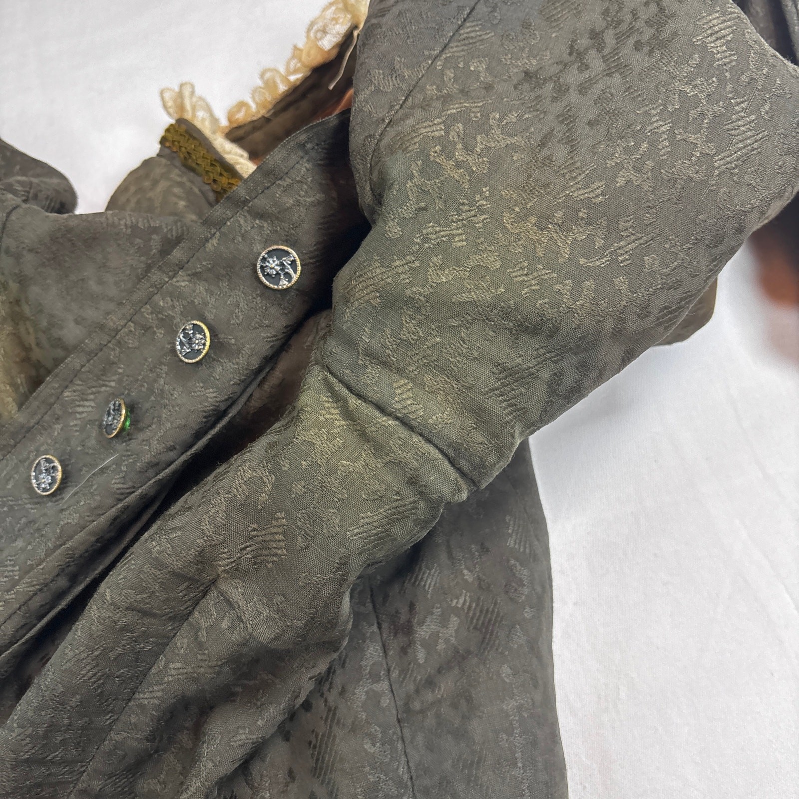 Antique Edwardian Moss Green Jacquard Wool Jacket Blouse Lace Floral Buttons