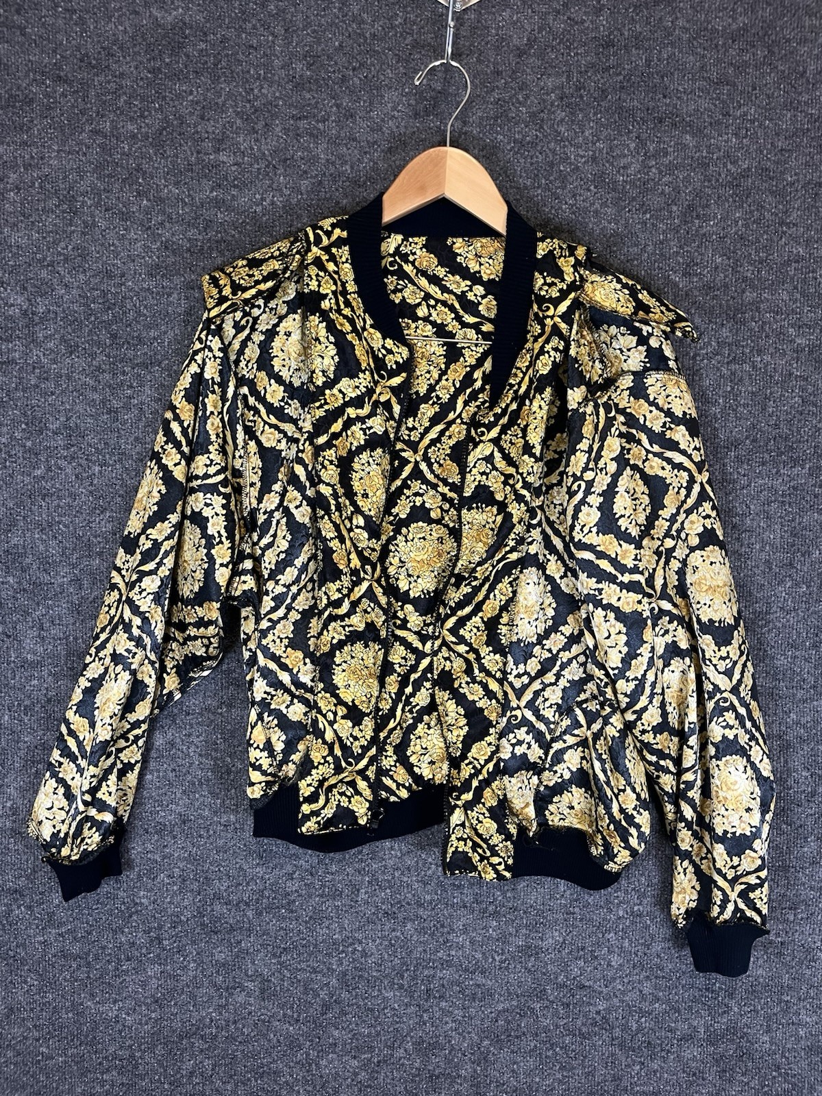 Vintage 80s 90s Papell Too Baroque Gold Floral Bomber Jacket Padded Shoulders