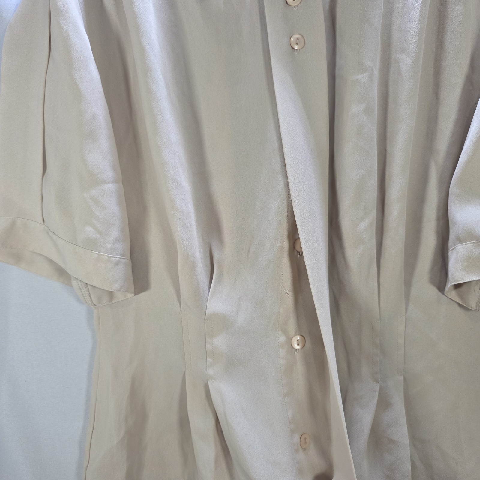 Vtg 80s Kathy Comelli Womens 12 Bluse Sheer Chiffon Creme Button Up Pleated