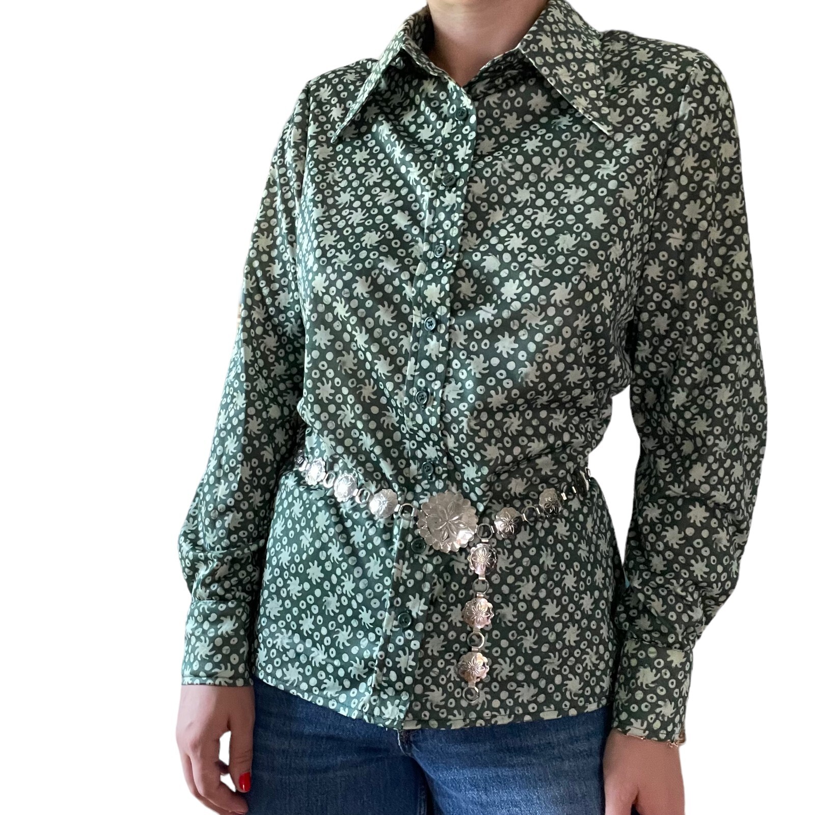 Vintage 1970s Womens Neusteters Green Retro Disco Collar Psychedelic Blouse Sz M
