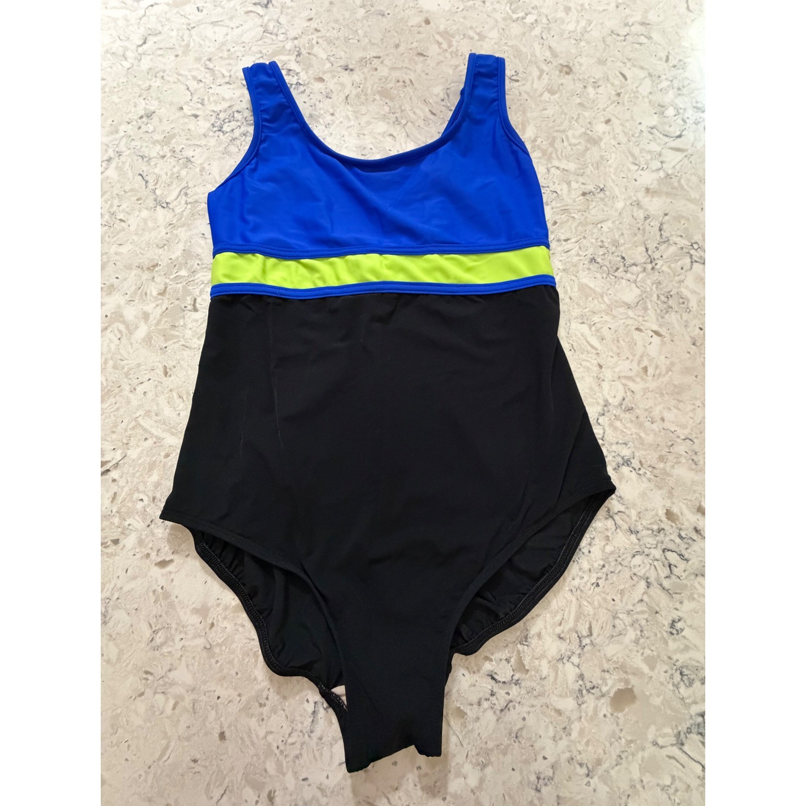 Vintage NWOT 90s Black Blue Neon Colorblock One Piece Swimsuit Sporty Retro 18W