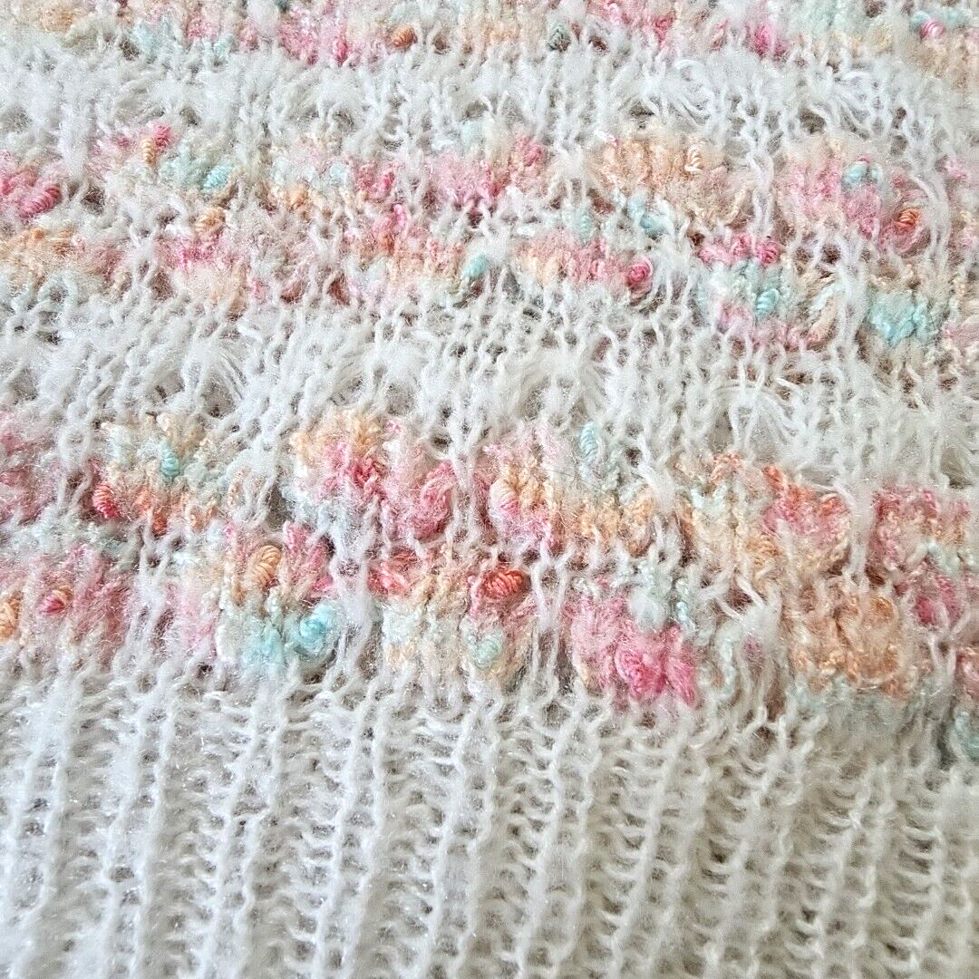 Vintage Womens Open Knit Sweater Large Feminine Coquette Pastels Puff Sleeves