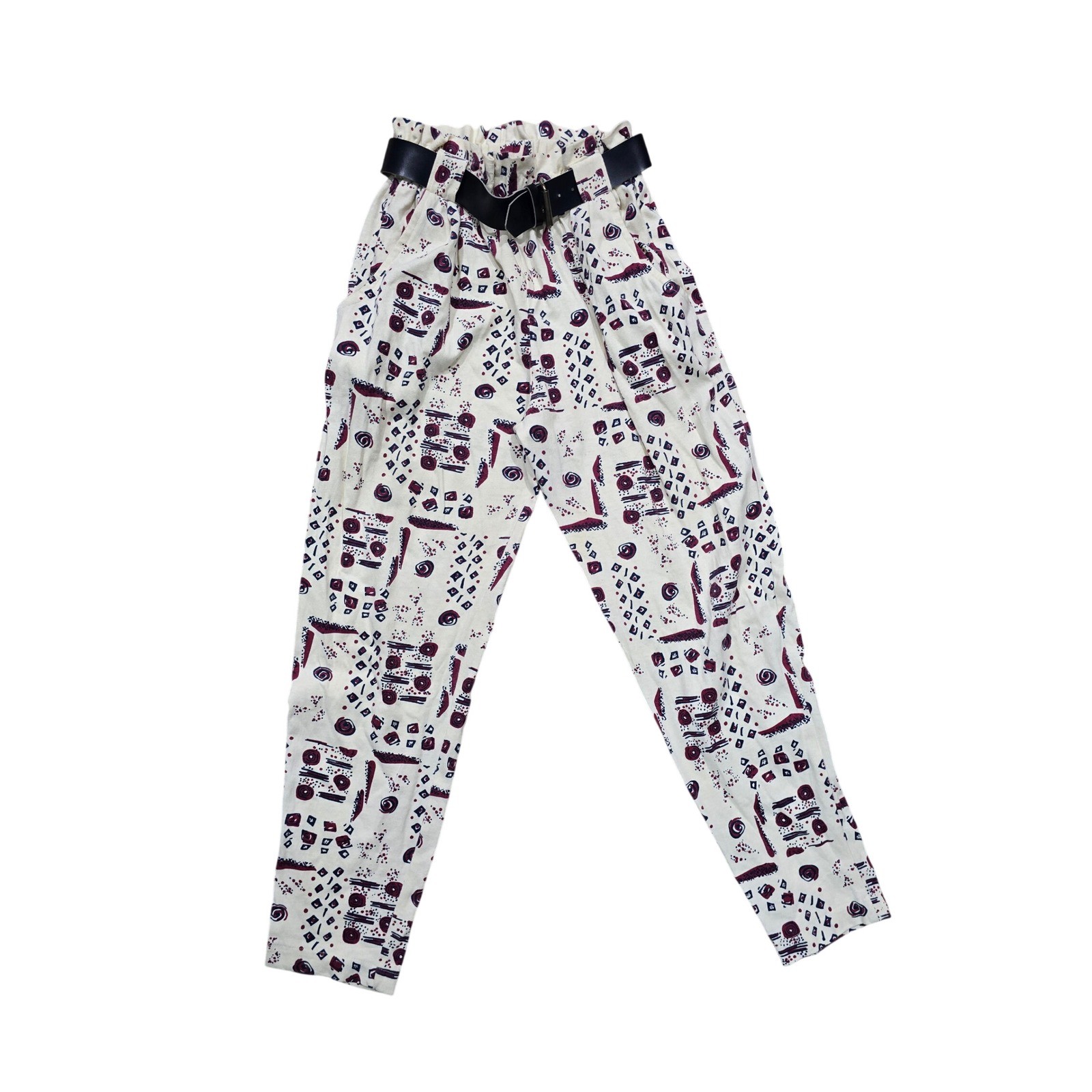 Vintage Units High Waisted Abstract Geometric Print Pants Belted Cream Red Med