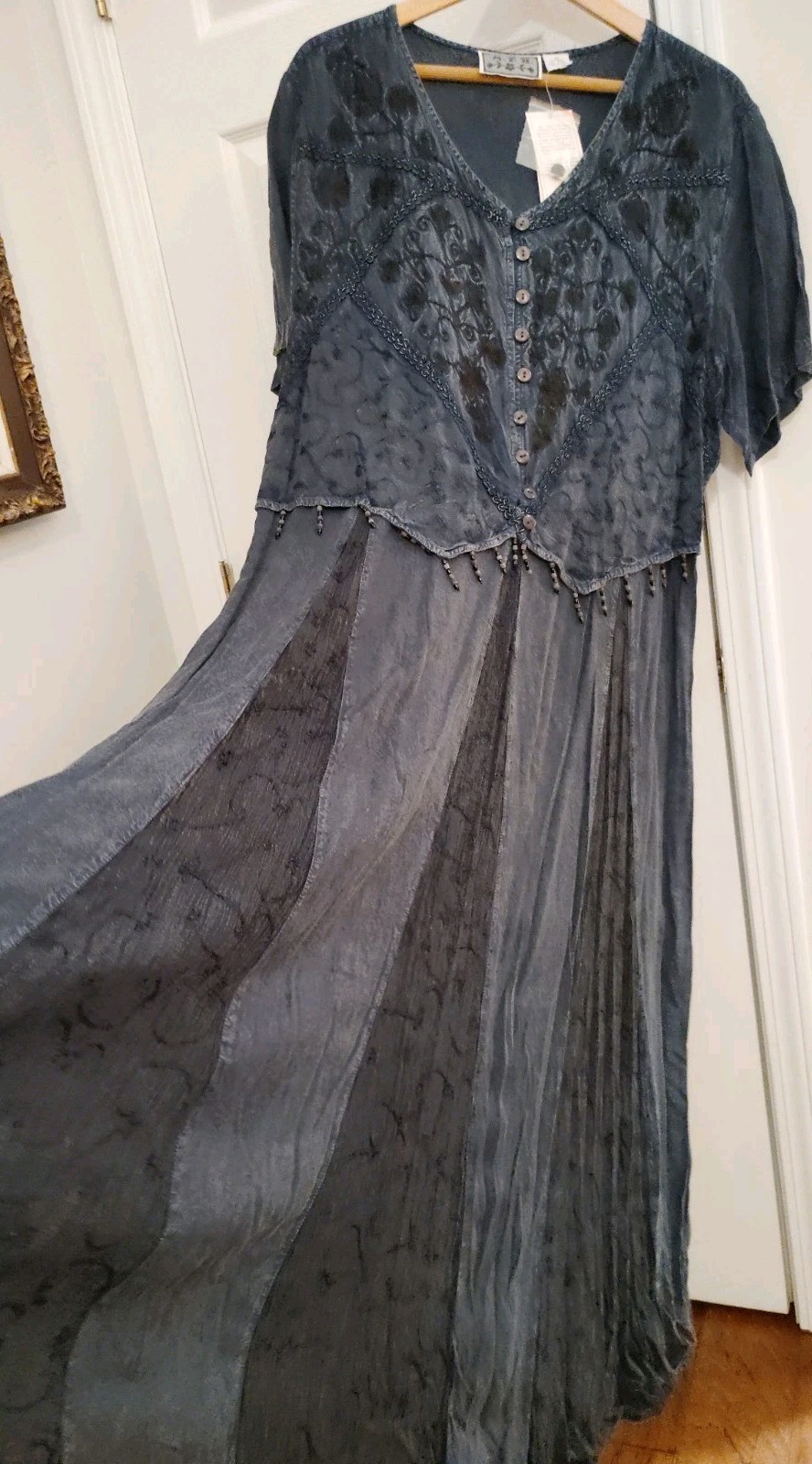 VTG NWT MPH dress long maxi navy distressed rayon embroidery beads s/s 3XL plus