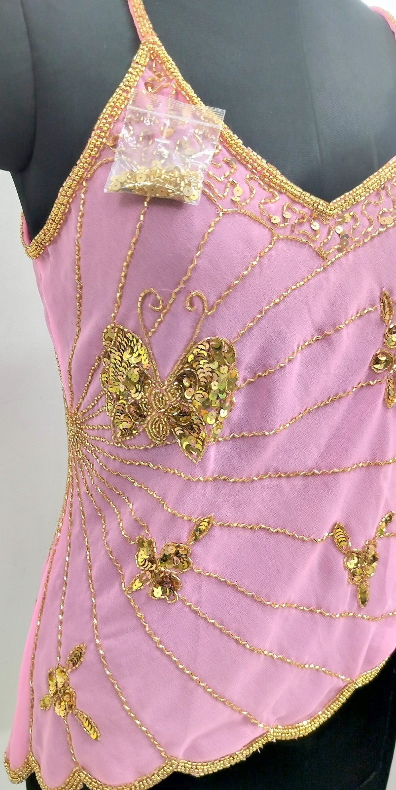 Lot 6 Vintage Y2K Golden Beaded Embroidery Costume Sequin Top Blouse Sheer Tunic