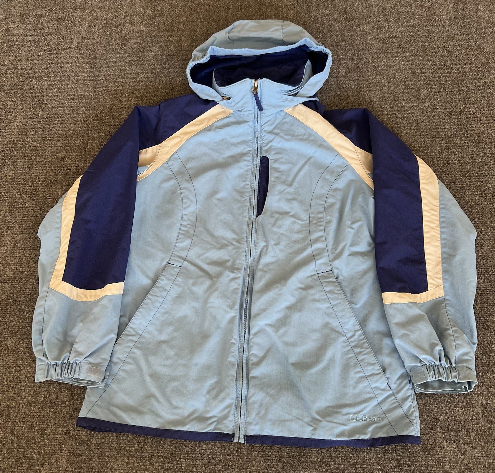 L.L. Bean VTG Womens Jacket Windbreaker 2-Tone Blue Packable Hood Nylon Large