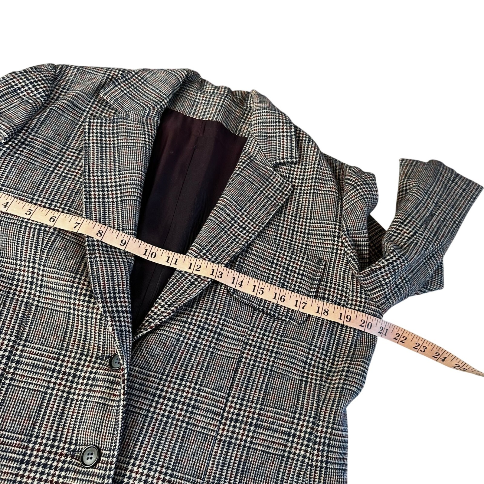 Vintage 70s Houndstooth Plaid Blazer Navy Burgundy Wool Look Tailored Medium