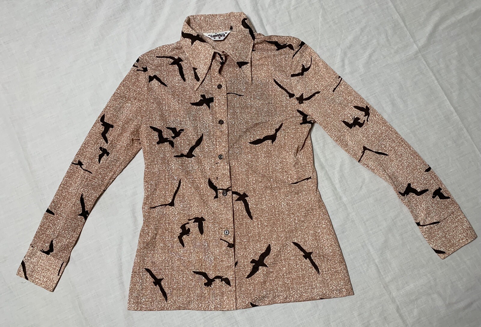 Vintage 'Langtry Ltd’ Wharf Scene 1970s Ladies Nylon Long Sleeve Shirt sz L