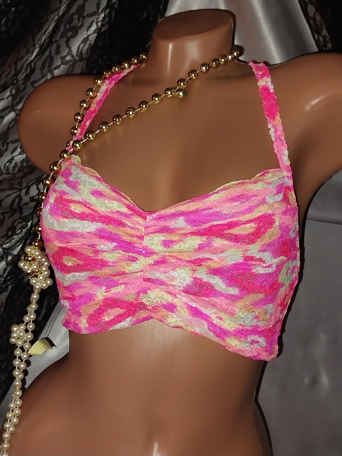 Vtg PINK VS Floral Neon Mesh Nylon Silky Rouched Bralette Lacy Bra NEW M Couette