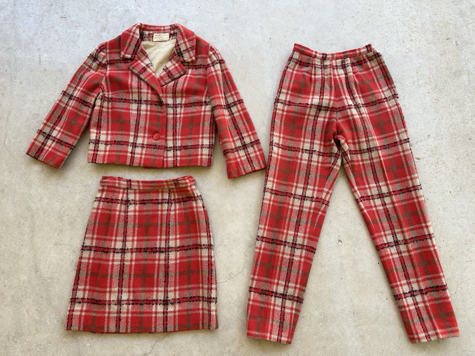 1960s Red Plaid Wool 3-Pc Set Jacket Skirt Pants Handmade Mod Suit Size Zip VTG