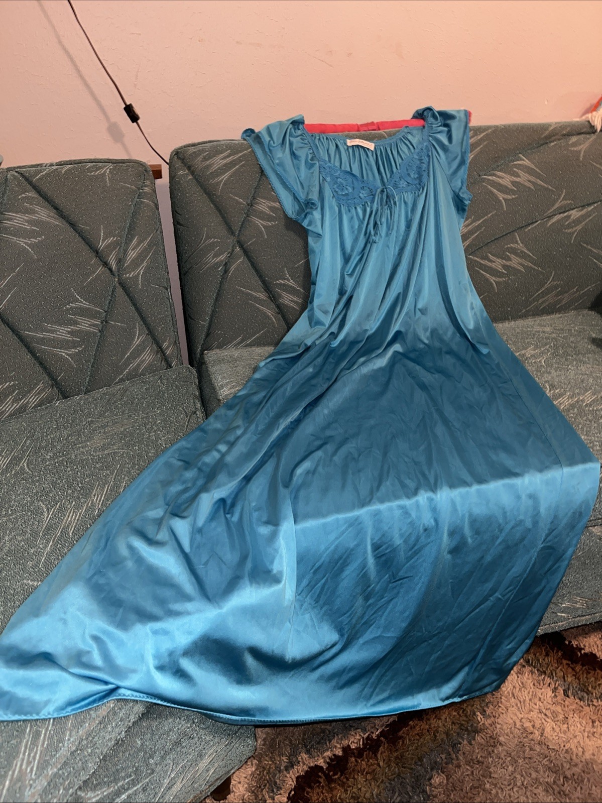 Vtg Miss Elaine Satin Nightgown Teal Sz Small Flutter Sleeve Lace Olga Esque