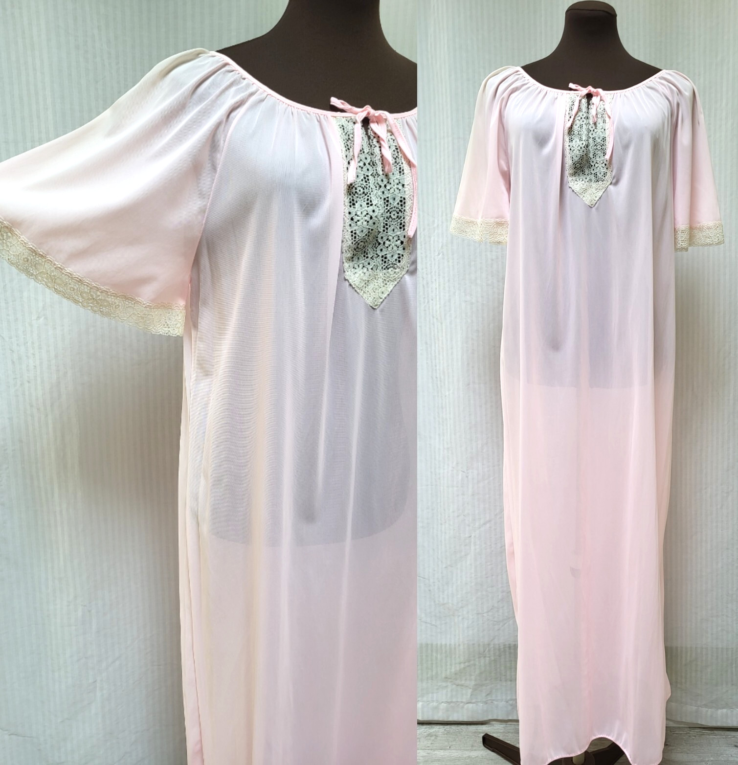 Vintage GLENCRAFT Pink Nylon Long Nightgown Nightie Lace Trim – Size M