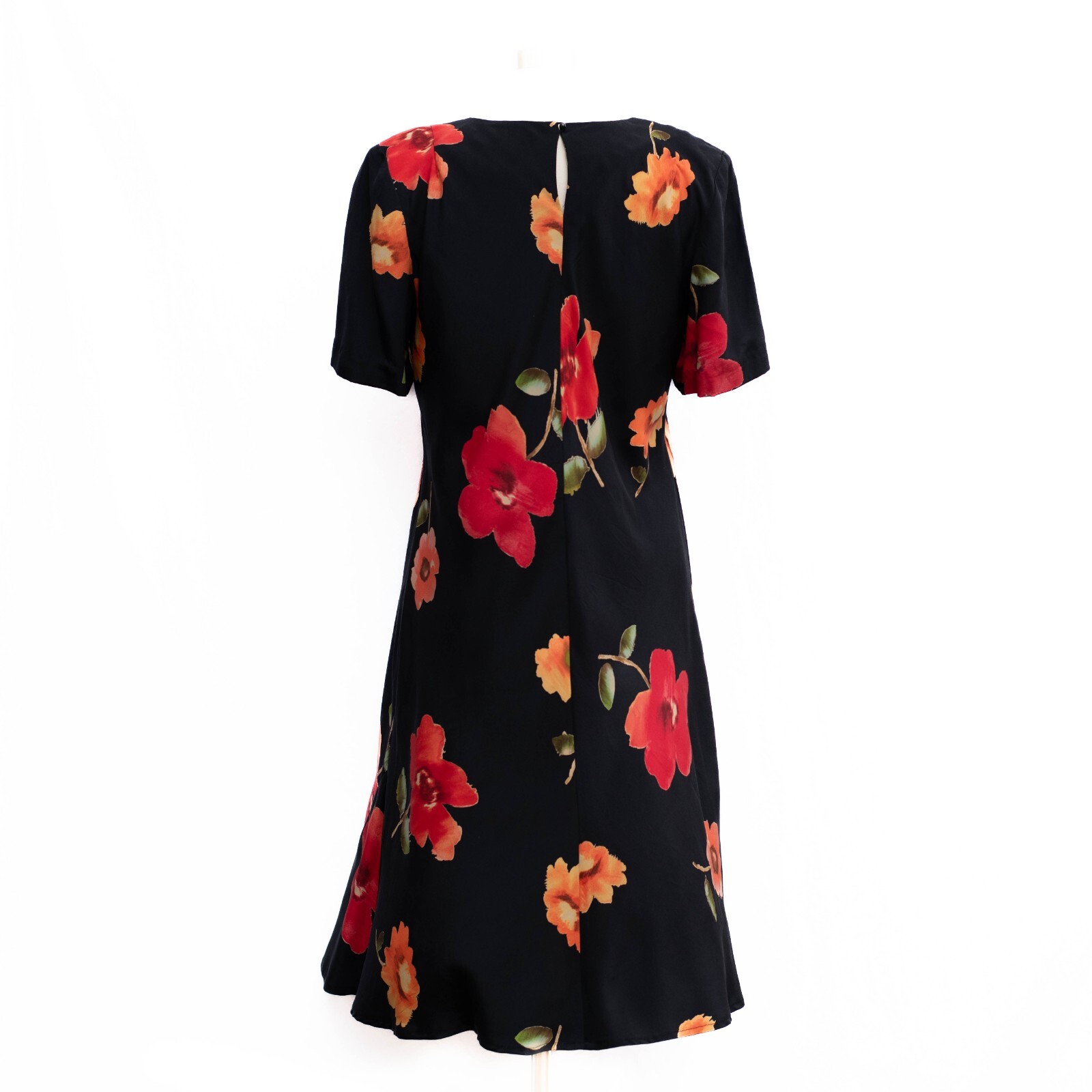 Vintage 90s Maggy London Pure Silk Dress Black w Tropical Flowers Sz 14
