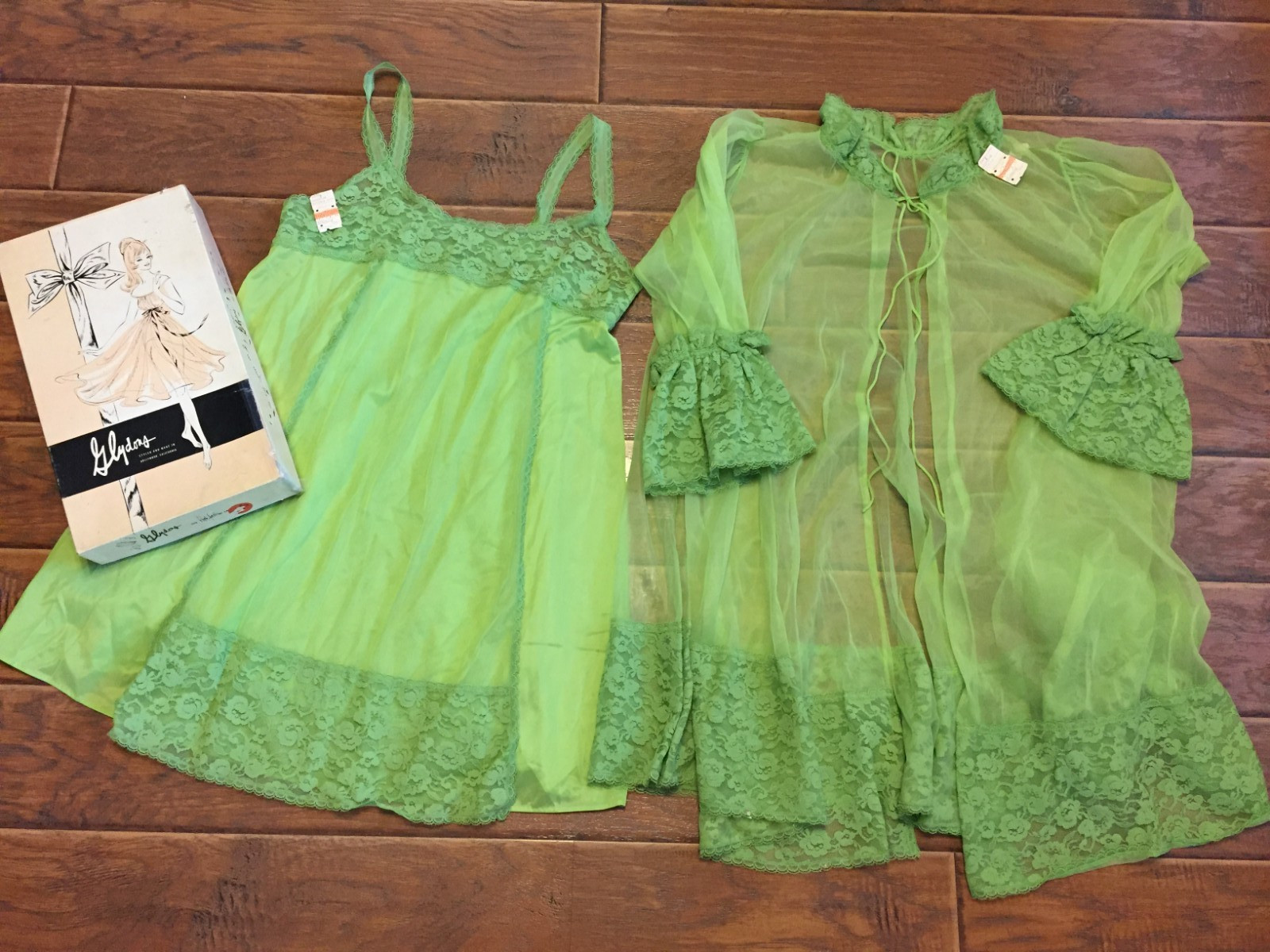 VTG GLYDONS Lingerie Lime Green 2 Pc,Sheer,Lace Trim,Medium,New W/ Tags & Box! S