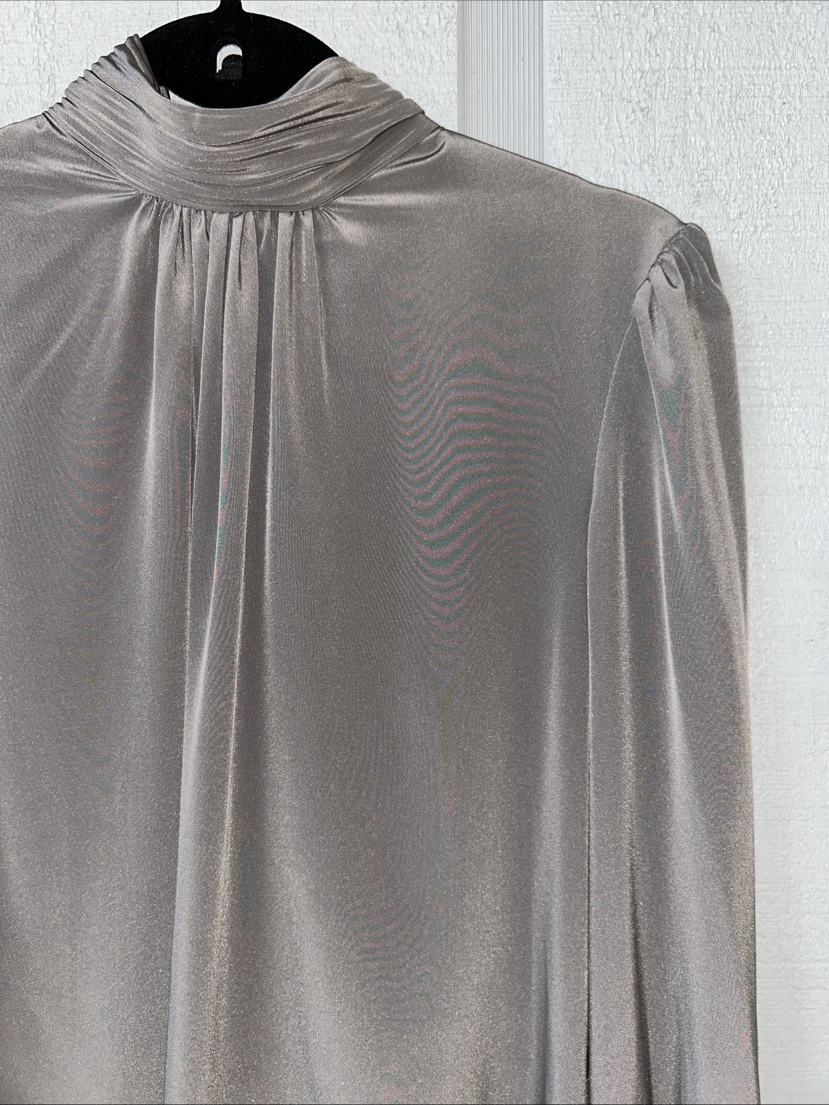 Anne Kriste Vintage High Neck Puff Sleeve Blouse Gray Satin Modest Dark Academia