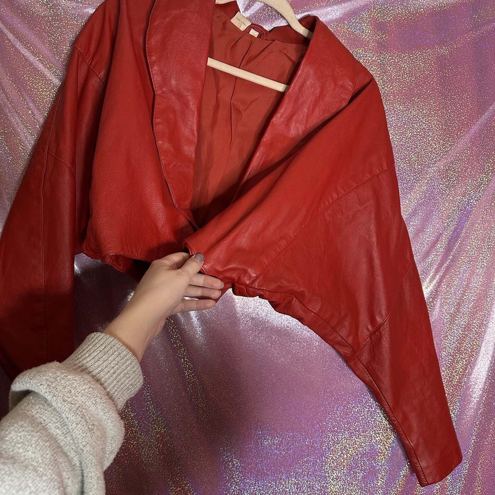 Vintage Vtg Genuine Real Leather Red Jacket Mini Skirt Power Suit 2 Piece Set
