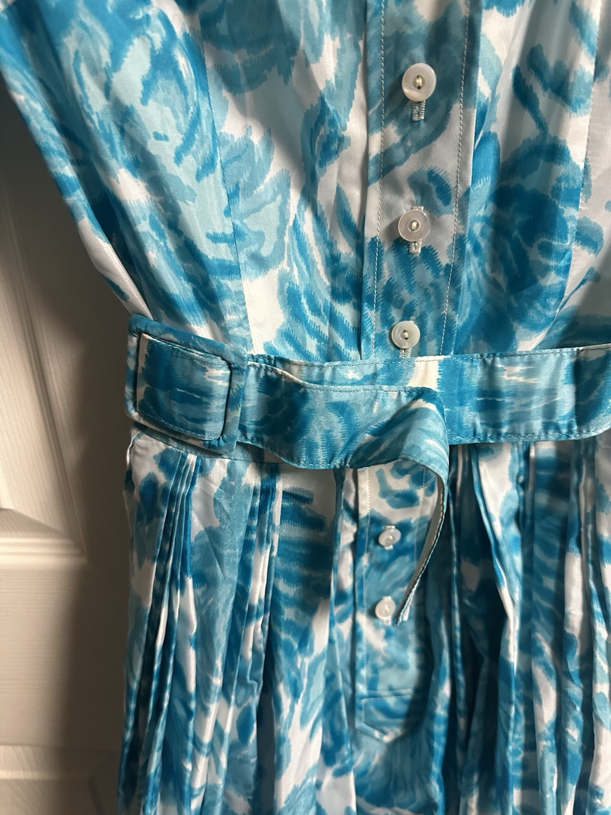 VNT 50s Martha Clyde Watercolor Floral Pleated Housewife Belted Blue White Dress