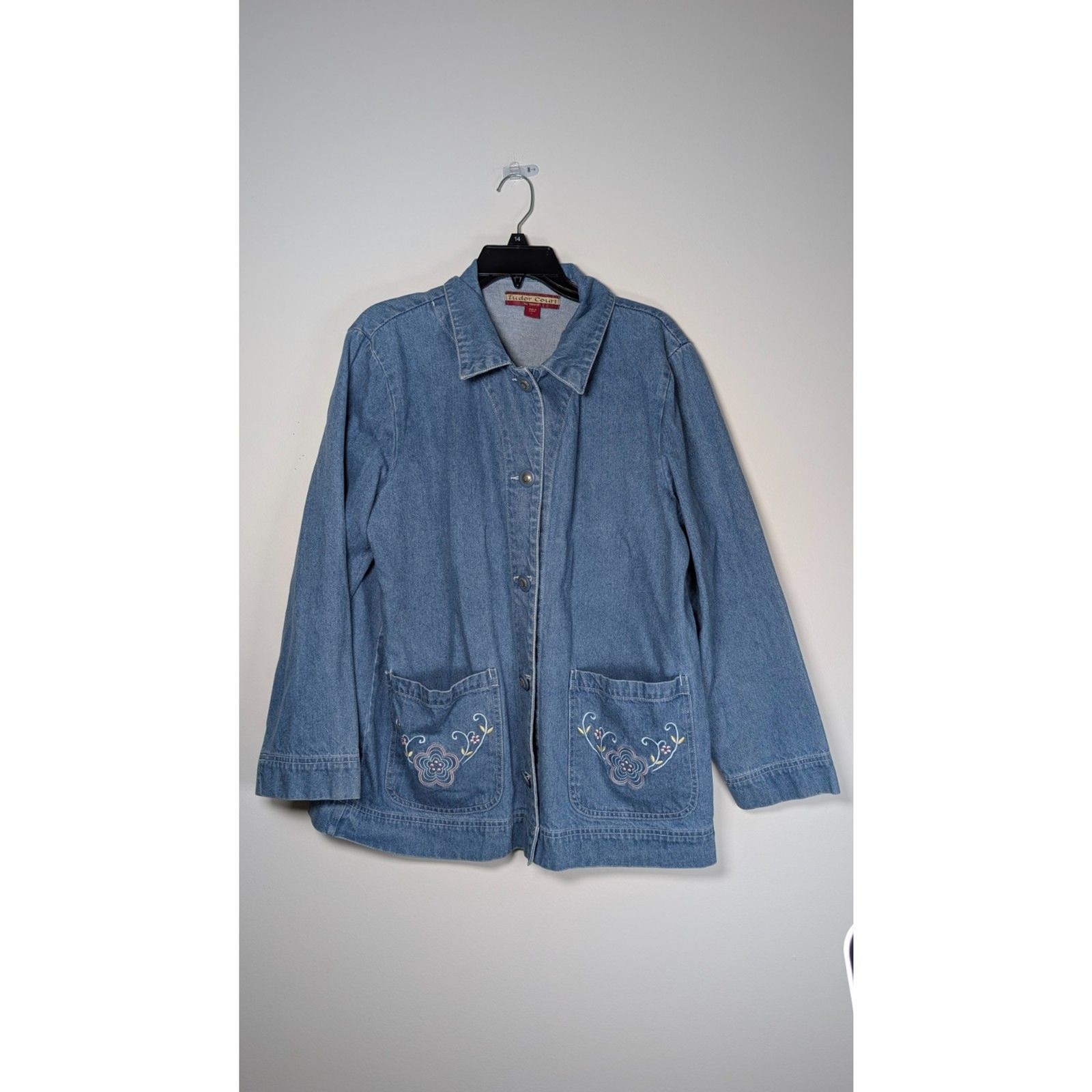 Vintage Embroidered Denim Chore Jacket Floral Cotton Cottagecore L Feminine Fall