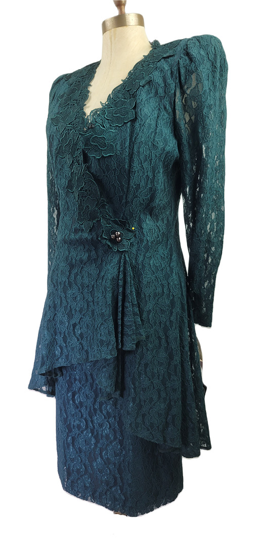NWT Vintage Cachet by Bari Protas Green lace women’s Skirt Top Jacket Set 11/12