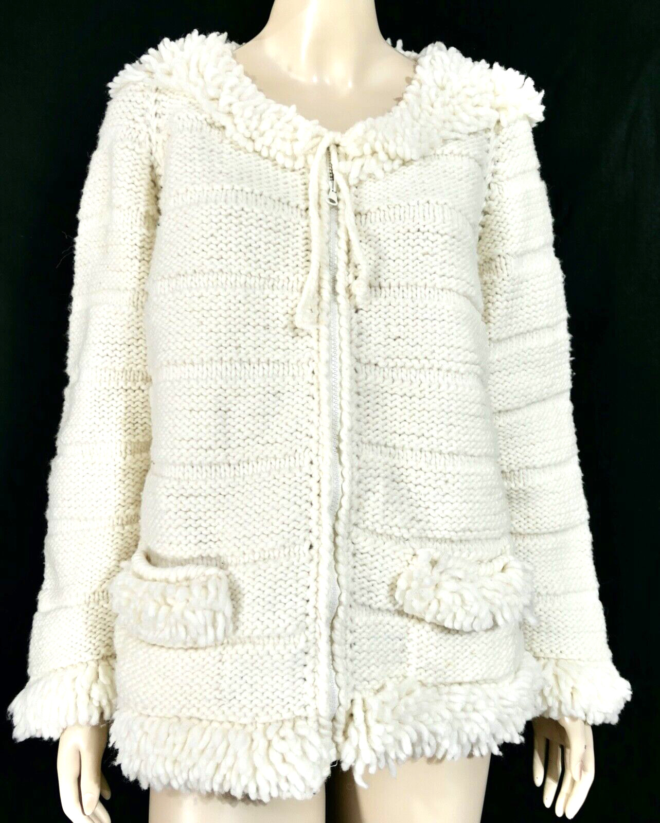 Vintage 70s Mod Hippy White Fringe Machine Wash Wool Sweater Jacket Equador M/L