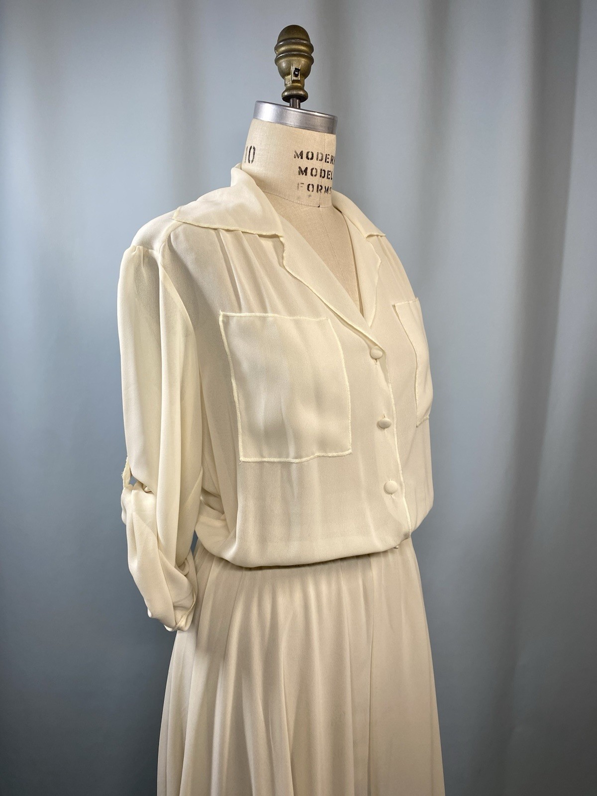 Vintage Dress SIZE 11/12 LARGE ivory white georgette chiffon DIDA 70s 80s sheer