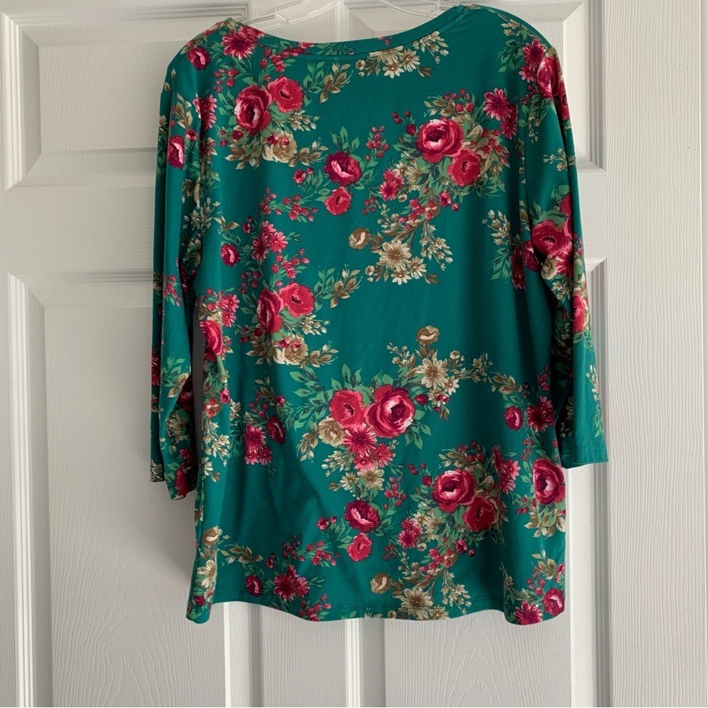 The Pioneer Woman Green Floral V-Neck Long Sleeve Top Large Stretch Lightweight