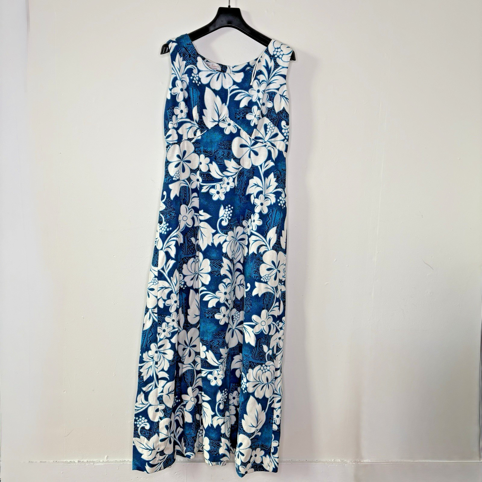 1960s Barkcloth Dress By Luau Sportswear Blue Hawaiian Tiki Tall L Vtg