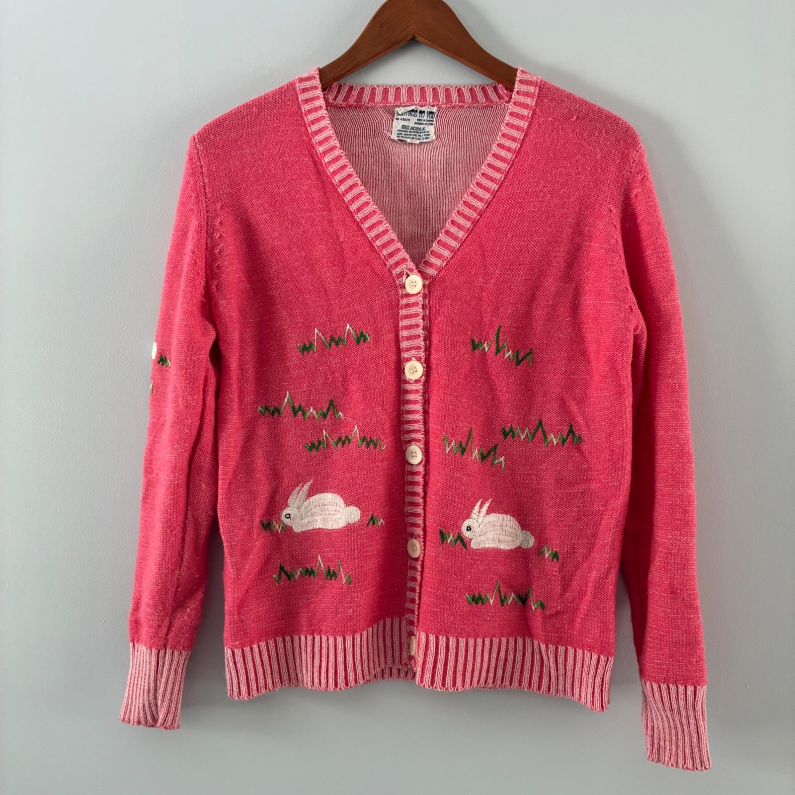 Clothes To You Vtg Pink Bunny Embroidered Cardigan Sweater Sz L spring easter
