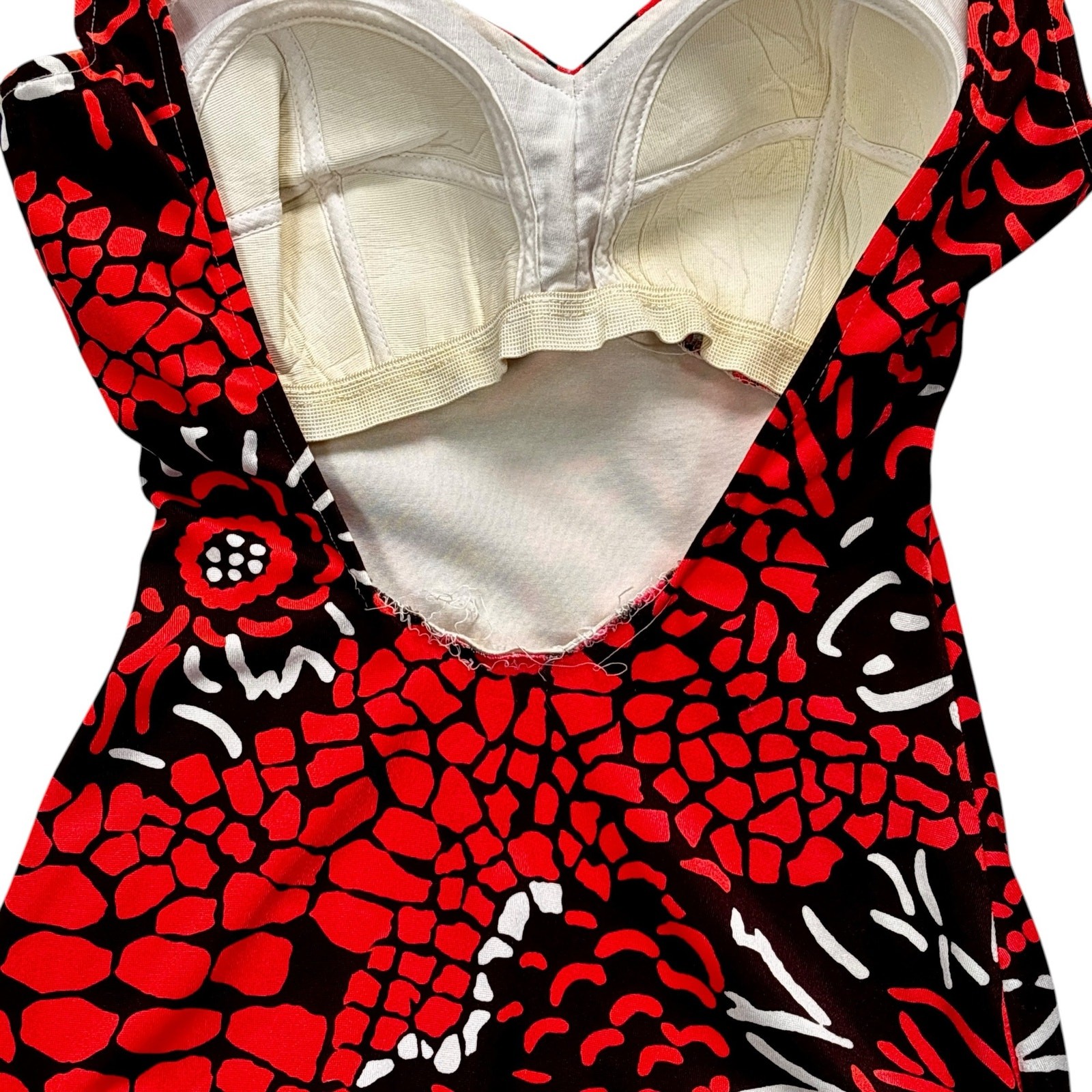 Vintage 1970s Channel West Abstract Floral One Piece Swimsuit Brown Neon Orange