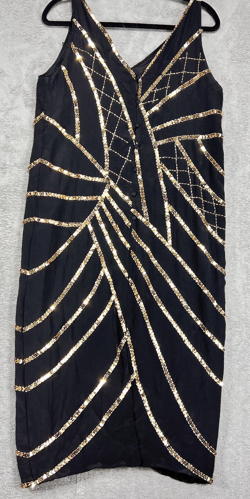 Sho Max 100% Silk Black Gold Sequin Dress Flower Design V Neck Women’s Large