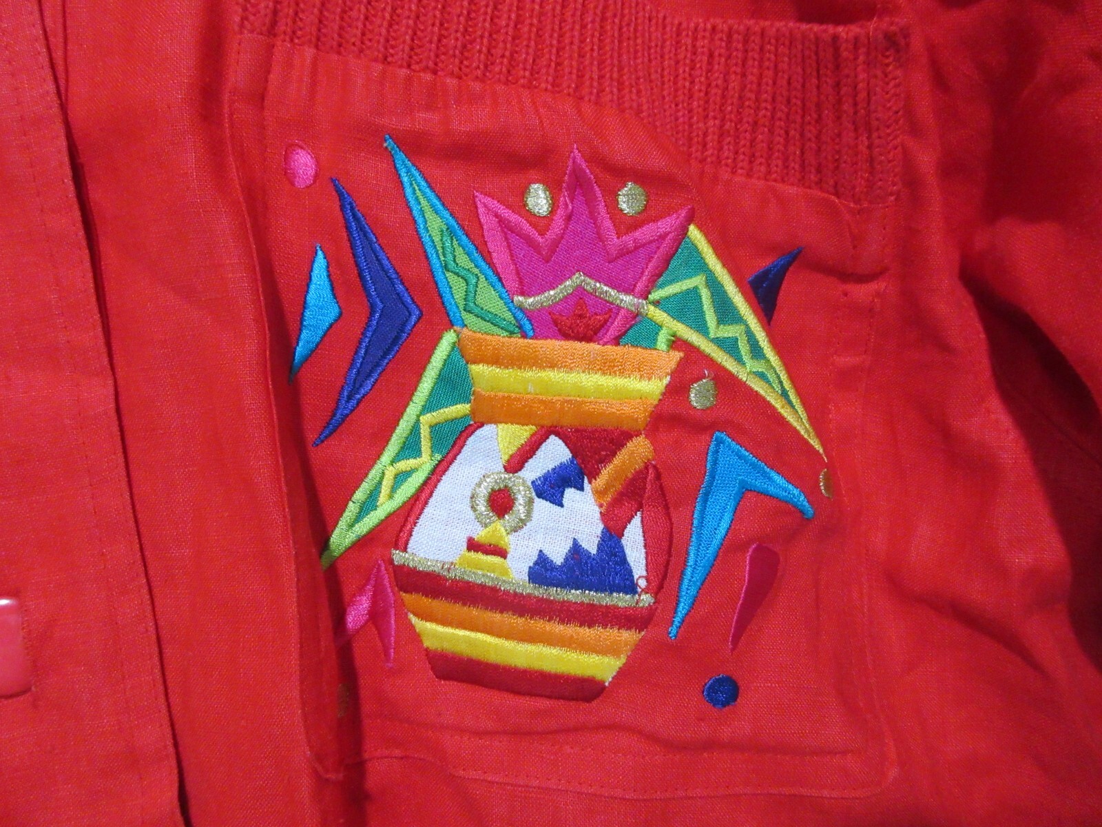 Sz 8 M VINTAGE 90s I B Diffusion Tribal Embroidered Red Linen Bomber Jacket Top
