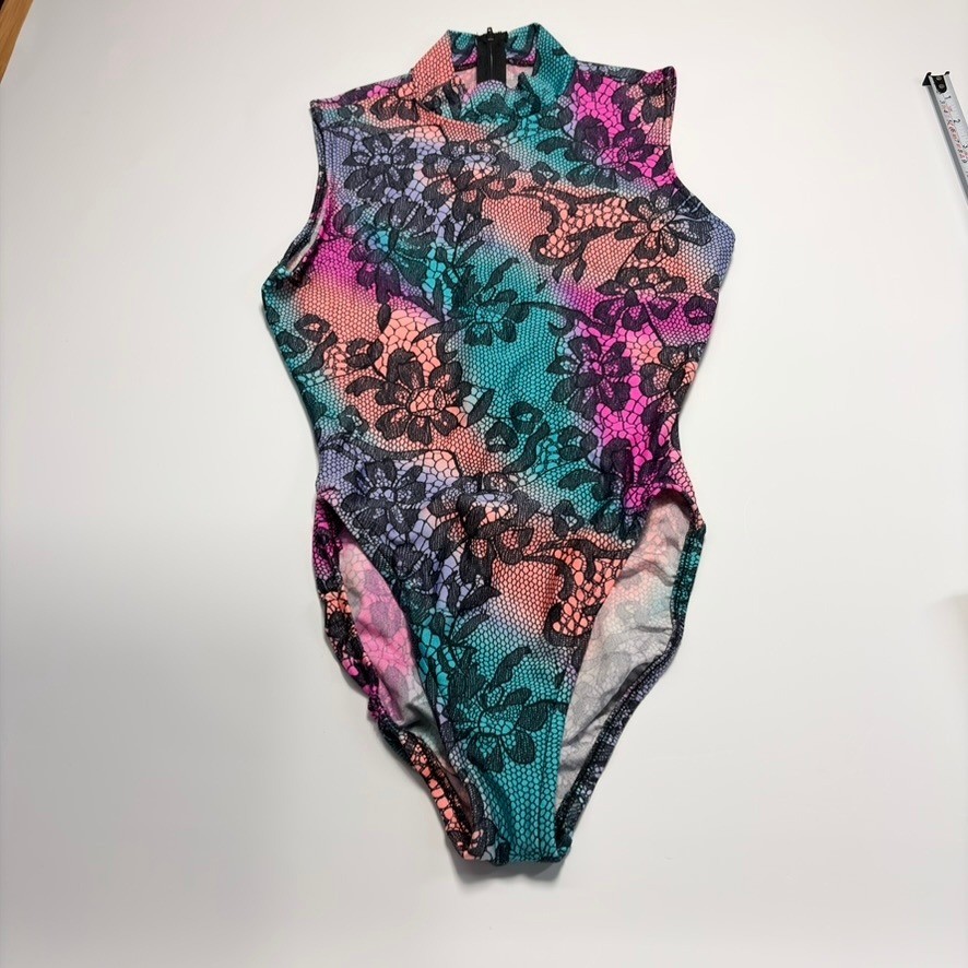 Gilda Marx Flexatard Vintage 80s Floral Lace Print Mock Neck Leotard Sz S USA