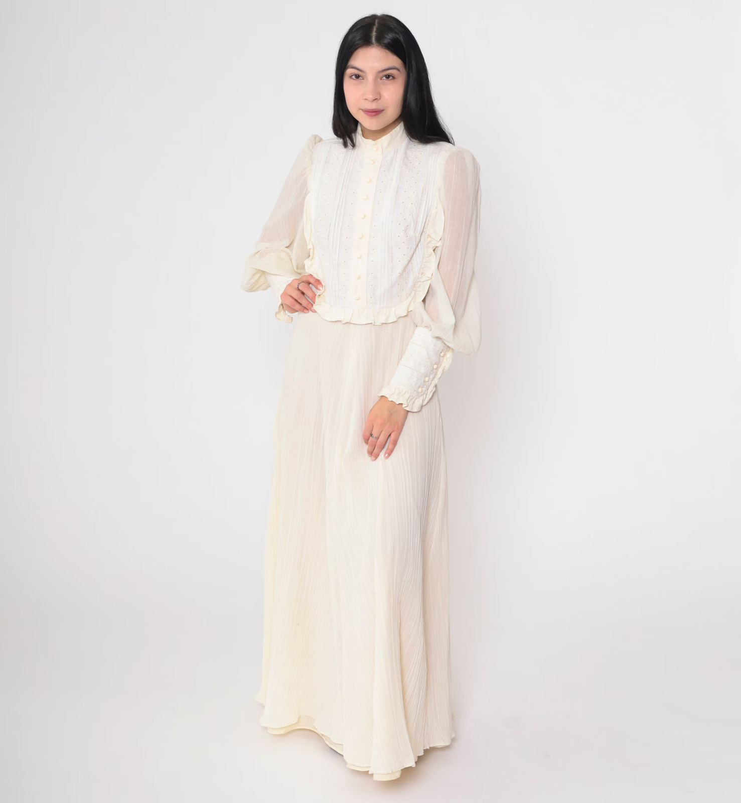 70s Prairie Dress Cream Victorian Maxi Dress Eyelet Lace Bib Puff Sleeve Cottage