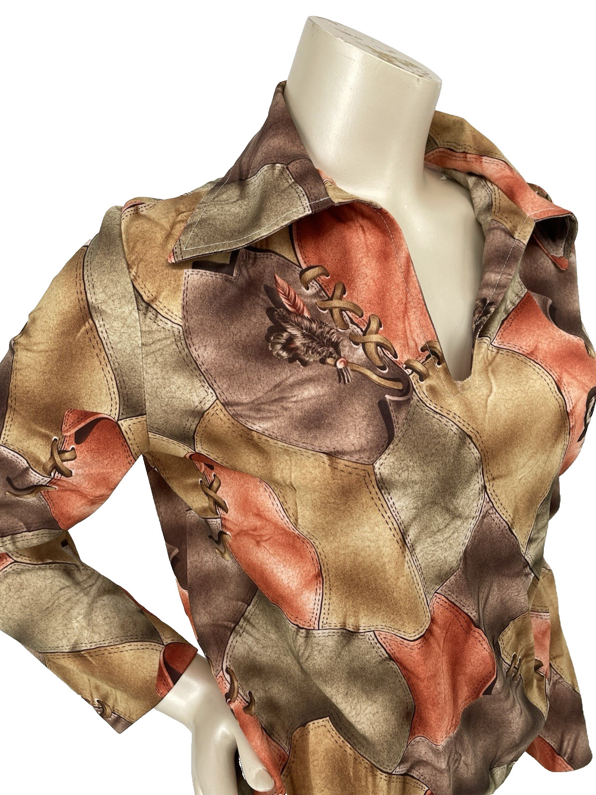 Vintage 1970s Whipstitch Leather Patchwork Feather Print Hippie Blouse Top Shirt