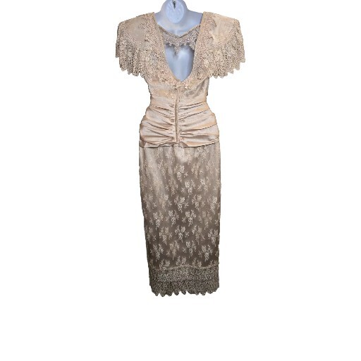 Lorrie Kabala Dress Vinage 80s Victorian Style Champaign Ruched Lace Beaded Sz 4