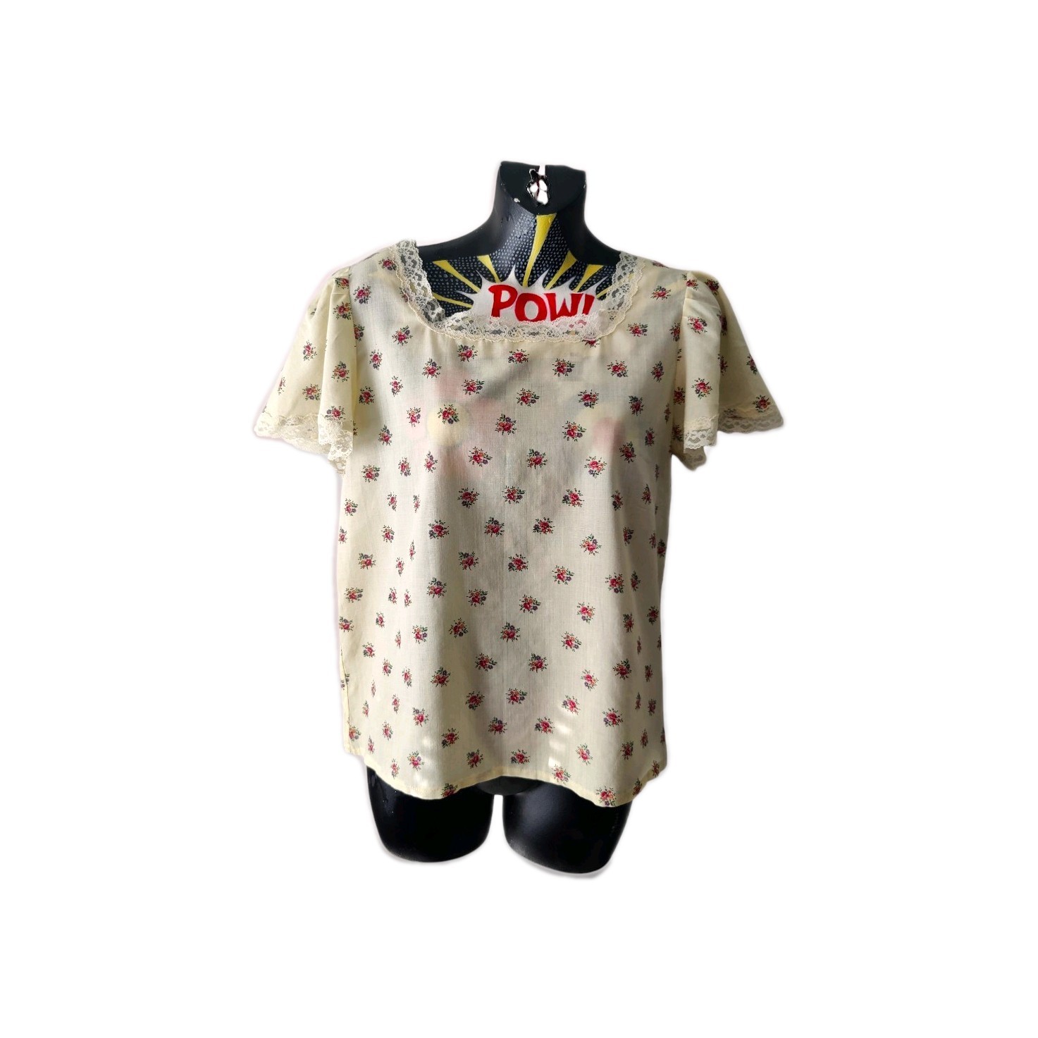 60s Vintage Coquette Dollette Cream Floral Lacy Milkmaid Babydoll Top Size M/L