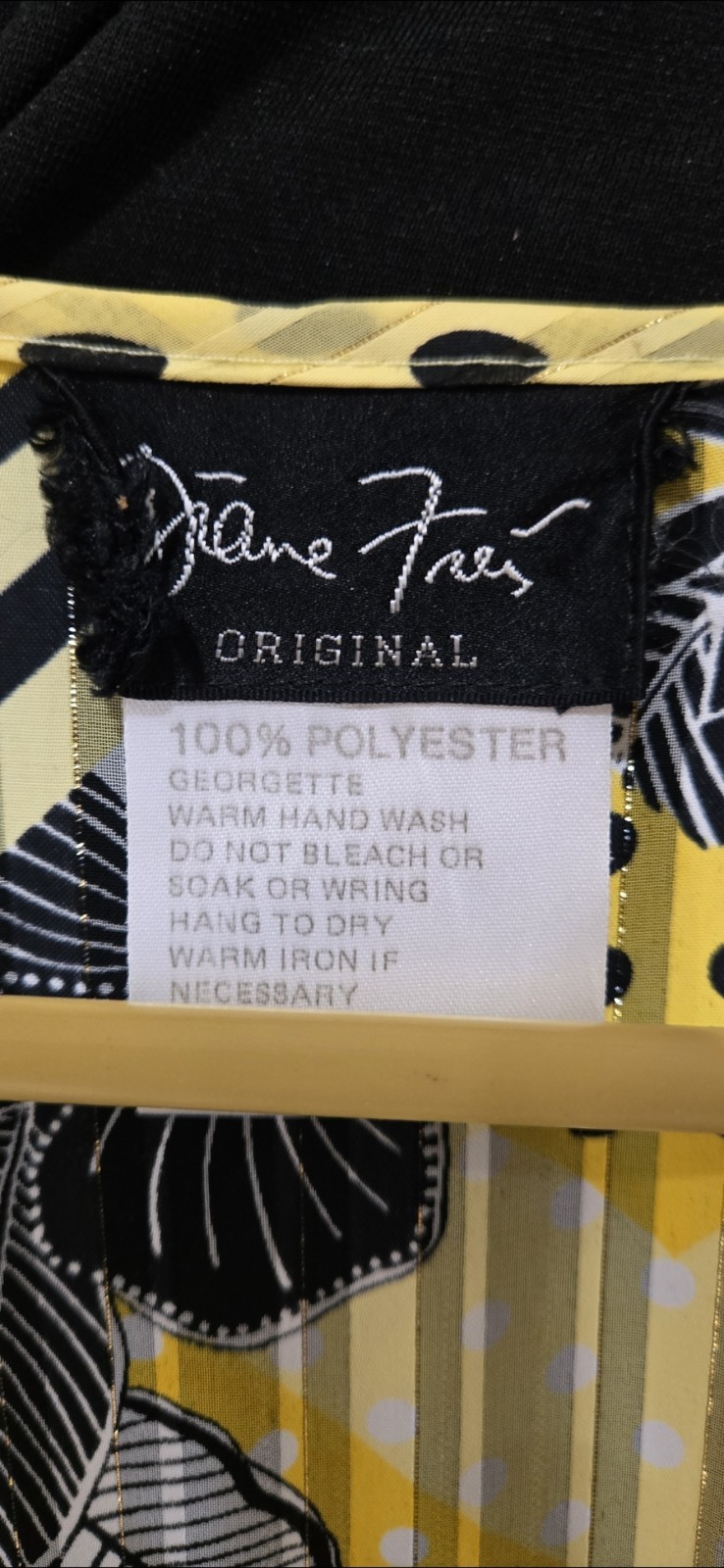 1980s DIANE FREIS ORIGINAL Yellow And Black Polyester Georgette pleated dress M