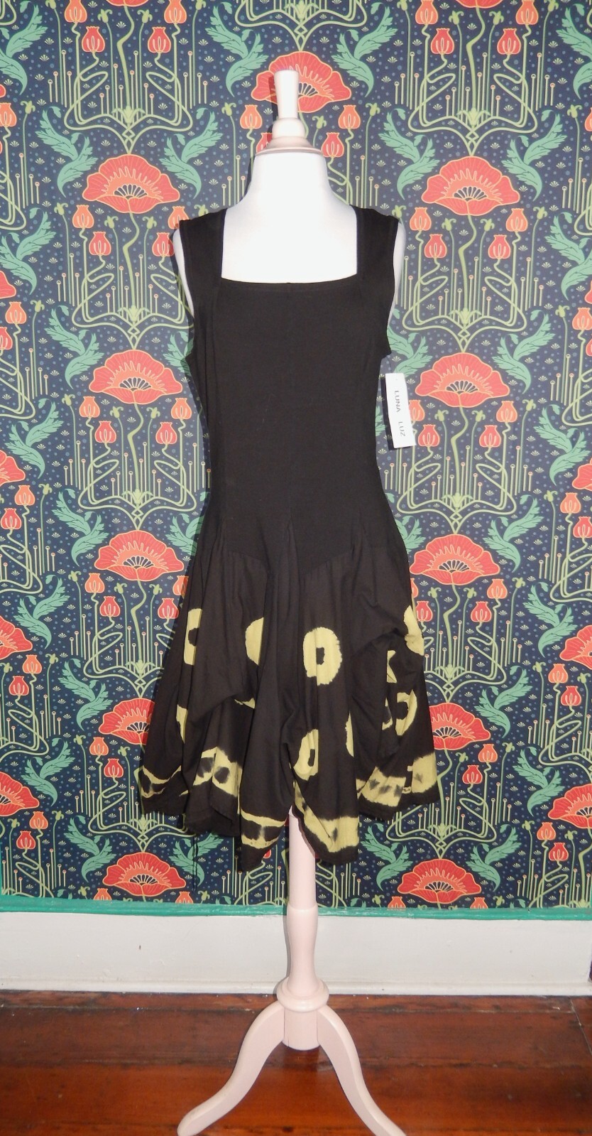 Vintage Y2K Luna Luz Hitch Bustle Black Yellow Tie Dye Lagenlook Dress