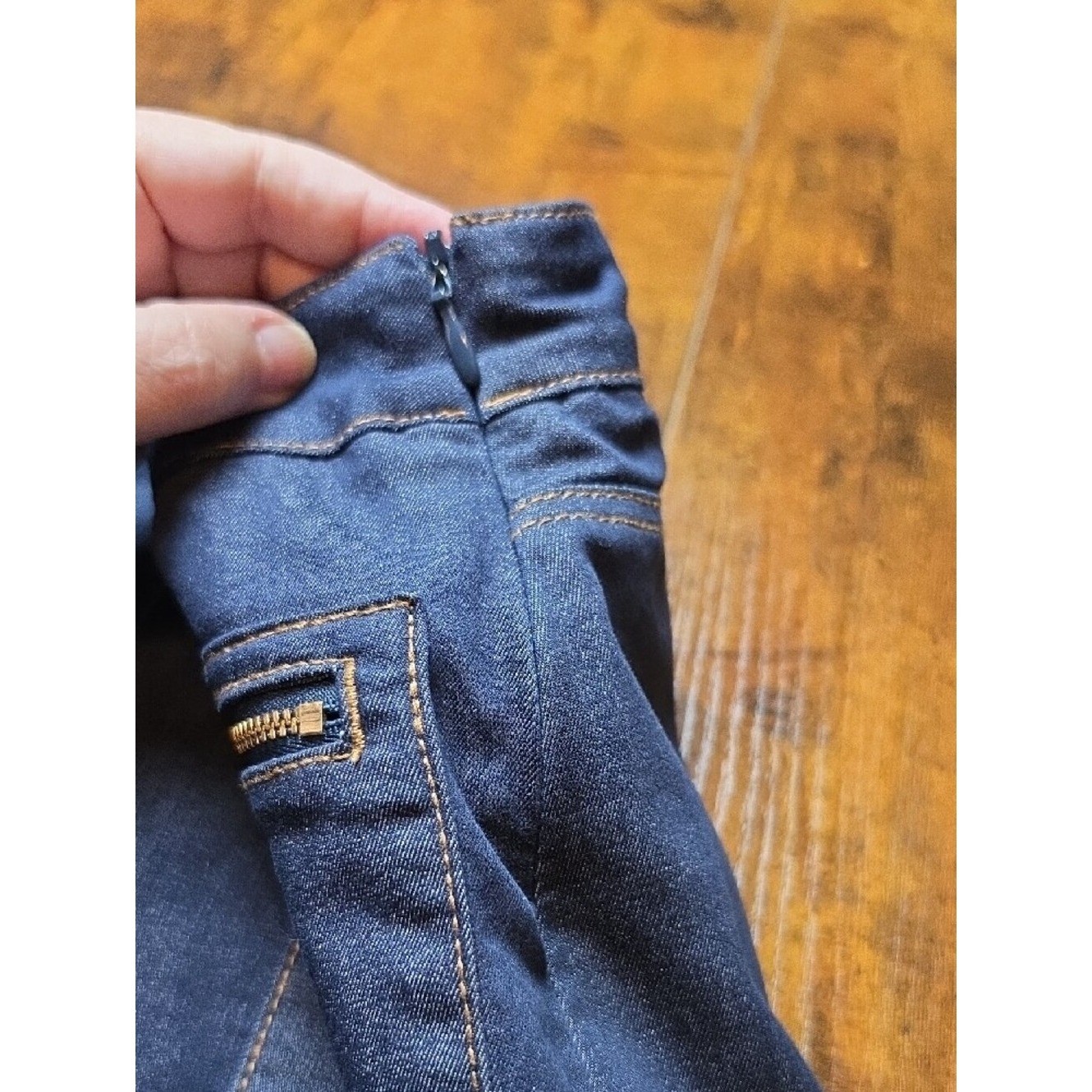 CHICO’S | Denim Pencil Skirt Gold Zip Pocket Stretch Jean Cotton Blend | 16 XL