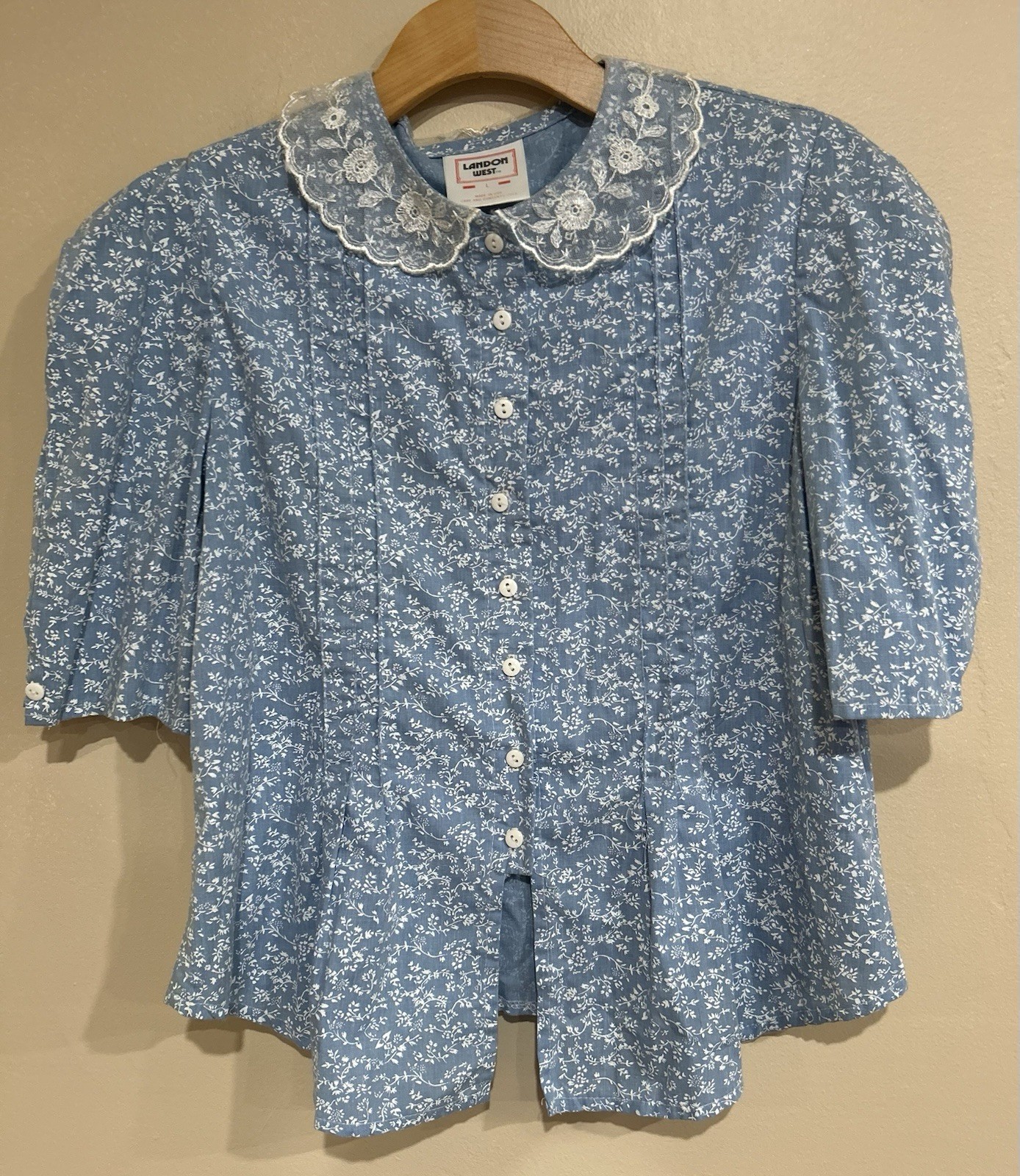 VTG Landon West Floral Lace Blouse Prairie Cottagecore Large Peter Pan Collar