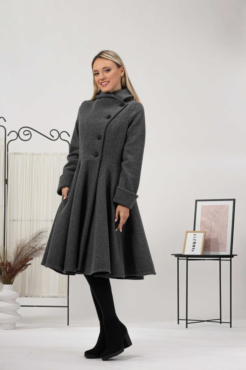 Ladies grey coat long jacket hem skirt tweed winter long business elegant